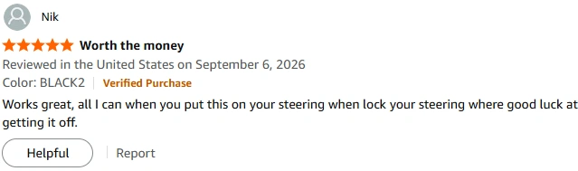 Verified Amazon review of the steering wheel lock: worth the money, locks the steering wheel securely